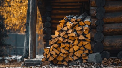 Wall Mural - A stack of cut firewood neatly arranged against the side of a log cabin, ready for use in a cozy winter fireplace.