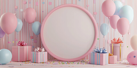 Wall Mural - 3D rendering of an empty round frame with pastel-colored balloons, gifts, and confetti on a striped background, generative AI