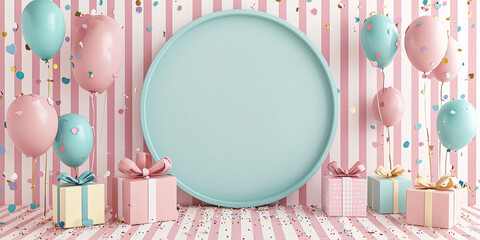 Wall Mural - 3D rendering of an empty round frame with pastel-colored balloons, gifts, and confetti on a striped background, generative AI