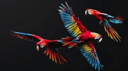 Three colorful macaws in flight against a dark background, showcasing their vibrant feathers.