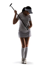 Poster - Silhouette of beautiful female golfer on white background