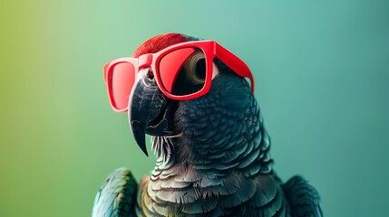 A colorful parrot wearing bright red sunglasses against a gradient background.