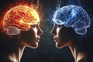 Poster - Two Faces with Contrasting Red and Blue Brain Patterns Illustrating Cognitive Dissonance Emotional Conflict and the Duality of Thought in a Vibrant Conceptual Artwork