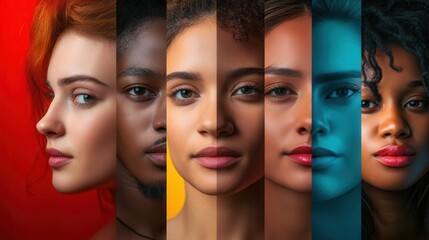 Aufkleber - A striking representation of diverse faces divided by a line, illustrating contrasts and emphasizing the themes of bias and division. Generative AI