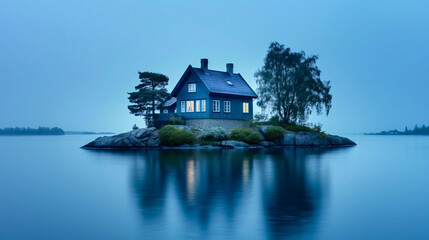 Blue water surrounds small island house, idyllic silence landscape at dawn, serenity in still summer vacation view with calm lake reflecting peaceful scenery and tranquil horizon at morning