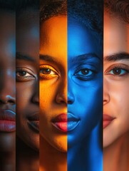 Aufkleber - Diverse faces are displayed, separated by a line that symbolizes division and bias, emphasizing unique characteristics and beauty. Generative AI