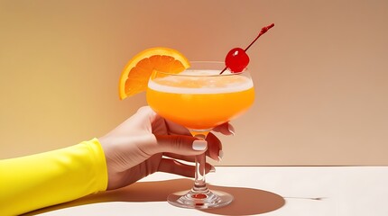 a vintage retro female hand holding a cocktail isolated on a plain background, 1960s and 70s style. (11)