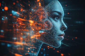 Poster - Futuristic Female Profile with Digital Neural Patterns Symbolizing Artificial Intelligence Human Machine Integration and the Future of Cognitive Enhancement