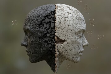 Poster - Abstract Profile with Half Earthy and Half Cracked Skin Representing Cognitive Dissonance Emotional Conflict and the Duality of Human Nature