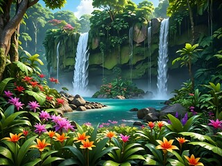 Poster - A majestic waterfall in a lush rainforest, surrounded by vibrant vegetation and colorful flowers, cartoon style 