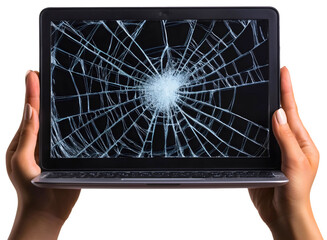 A broken laptop display screen with a crack in the glass is isolated for repair, damageg from a crash, showcasing the need for modern technology maintenance in business