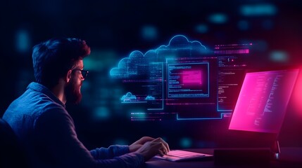 Wall Mural - developer deploying website via cloud platform and monitoring coding interfaces
