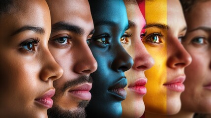 Poster - A lineup of diverse faces separated by a barrier showcases contrast and emphasizes the themes of division and bias in society. Generative AI