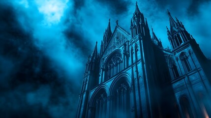 Dark Gothic Cathedral at Night with Cloud Computing and Technology Devices