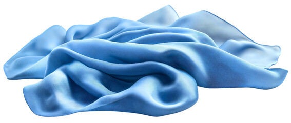 An isolated piece of soft silk fabric waves elegantly in the wind, luxurious satin textile cloth blue color, perfect for decorative design in fashion and home decor