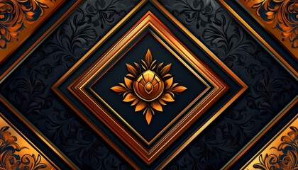 Wall Mural - Golden Floral Ornament on Black and Orange Geometric Background