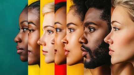 Poster - Brightly colored faces highlight diversity and the barriers created by bias, emphasizing individual differences and connections. Generative AI