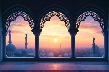 Wall Mural - Mosque sunset islamic frame, vertical image, social media story, Ramadan or islamic concept wallpaper, ai