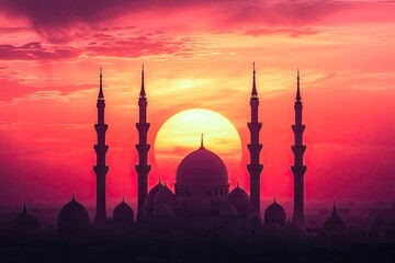 Wall Mural - Mosque sunset islamic frame, vertical image, social media story, Ramadan or islamic concept wallpaper, ai