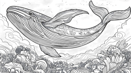 Whale coloring page for ocean book, sea animal outline drawing underwater, wildlife illustration in black and white line art for children aquatic marine education