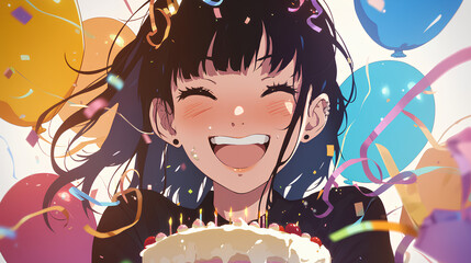 Poster - Celebrate your birthday anime girl, birthday cake close up. Anime style