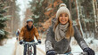 © Nemanja - Man and woman couple riding bicycles in winter snow, cold mountain bike adventure for happy, healthy lifestyle, cycling fun on forest trail outdoors