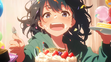 Poster - anime girl celebrate your birthday, birthday cake is given to you. anime style