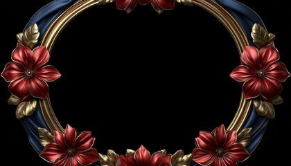 Poster - Circular Frame Decorated with Red Flowers, Gold Leaves, and Blue Fabric