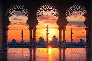 Mosque sunset islamic frame, vertical image, social media story, Ramadan or islamic concept wallpaper, ai