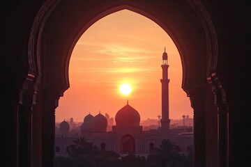 Mosque sunset islamic frame, vertical image, social media story, Ramadan or islamic concept wallpaper, ai