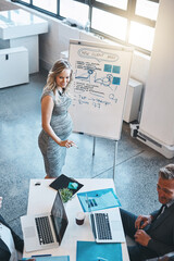 Aufkleber - Business, pregnant woman and presentation with whiteboard in meeting, office and communication. Social media manager, technology and employees for client brief, trend research and proposal discussion