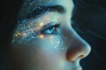 Poster - Close Up of a Female Profile with Digital Neural Patterns Symbolizing Cognitive Focus Technological Integration and Intellectual Depth in a Futuristic Setting