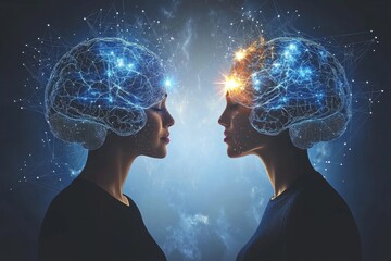 Poster - Two Female Figures with Illuminated Brain Networks Symbolizing Cognitive Power Creative Synergy and Emotional Connection in a Futuristic Setting