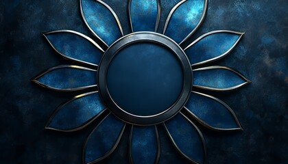 Poster - Circular Metal Frame with Blue Flower Petals on Dark Background