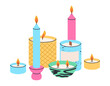 © Torontotokio - Burning aromatic candles. Colorful aroma candles, wax decorative candles, cute home interior decor and aromatherapy flat vector illustration. Bright candles collection
