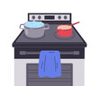 © Torontotokio - Dishes on stove. Boiling water and porridge in pan on electric cooker, food preparing flat vector illustration. Breakfast or dinner cook on stove