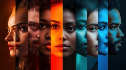 Aufkleber - Brightly lit faces express the theme of division and bias, highlighting the beauty of diversity and individuality among individuals. Generative AI