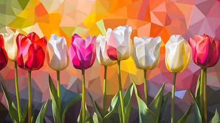 Wall Mural - A Row of Colorful Tulips Against a Geometric Background