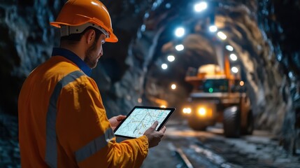 Underground mine engineer reviewing tunnel maps on a tablet, with heavy machinery in the distance