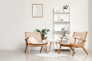 Sticker - Interior of modern stylish living room with armchairs and shelving unit