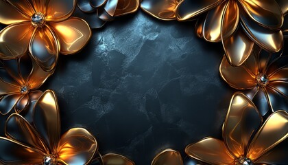 Wall Mural - Golden Floral Frame with Crystal Centers on Dark Background