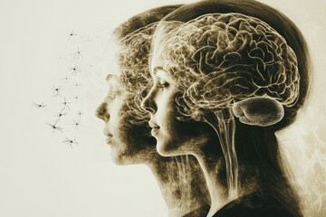 Poster - Dual Female Profiles with Transparent Brain Patterns Symbolizing Cognitive Complexity Emotional Reflection and the Interconnectedness of Thought in a Monochrome Setting