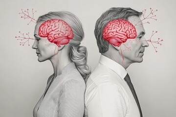 Sticker - Dual Profiles with Red and Blue Brain Patterns Symbolizing Cognitive Duality Emotional Conflict and the Contrasts of Thought in a Conceptual Setting