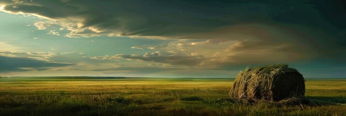 Poster - Haystack in a meadow beneath a clear sky