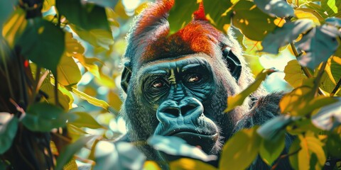 Sticker - Big black gorilla with red hair among bright green leaves in a sunny park