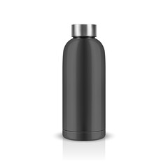 Wall Mural - Vector Realistic 3D Black Blank Glossy Reusable Water Bottle with Silver Bung Closeup Isolated. Design Template of Packaging Mockup. Front View