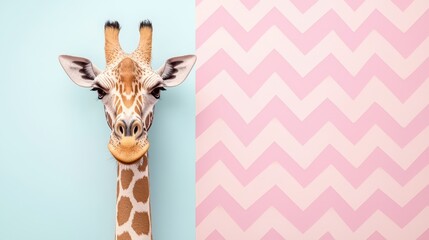 Wall Mural - Funny Giraffe Head on Colorful Background  Minimalist Animal Design  Chevrons