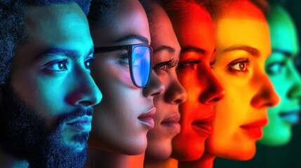 Poster - Faces of diverse individuals display the themes of division and bias, highlighted by vivid colors and strong contrasts. Generative AI