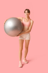 Sticker - Young woman with fitball on  pink background