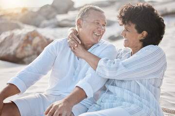 Sticker - Happy, beach and senior couple hugging on summer vacation, getaway or holiday for travel. Smile, love and mature man and woman embracing by seaside on tropical weekend trip for anniversary date.